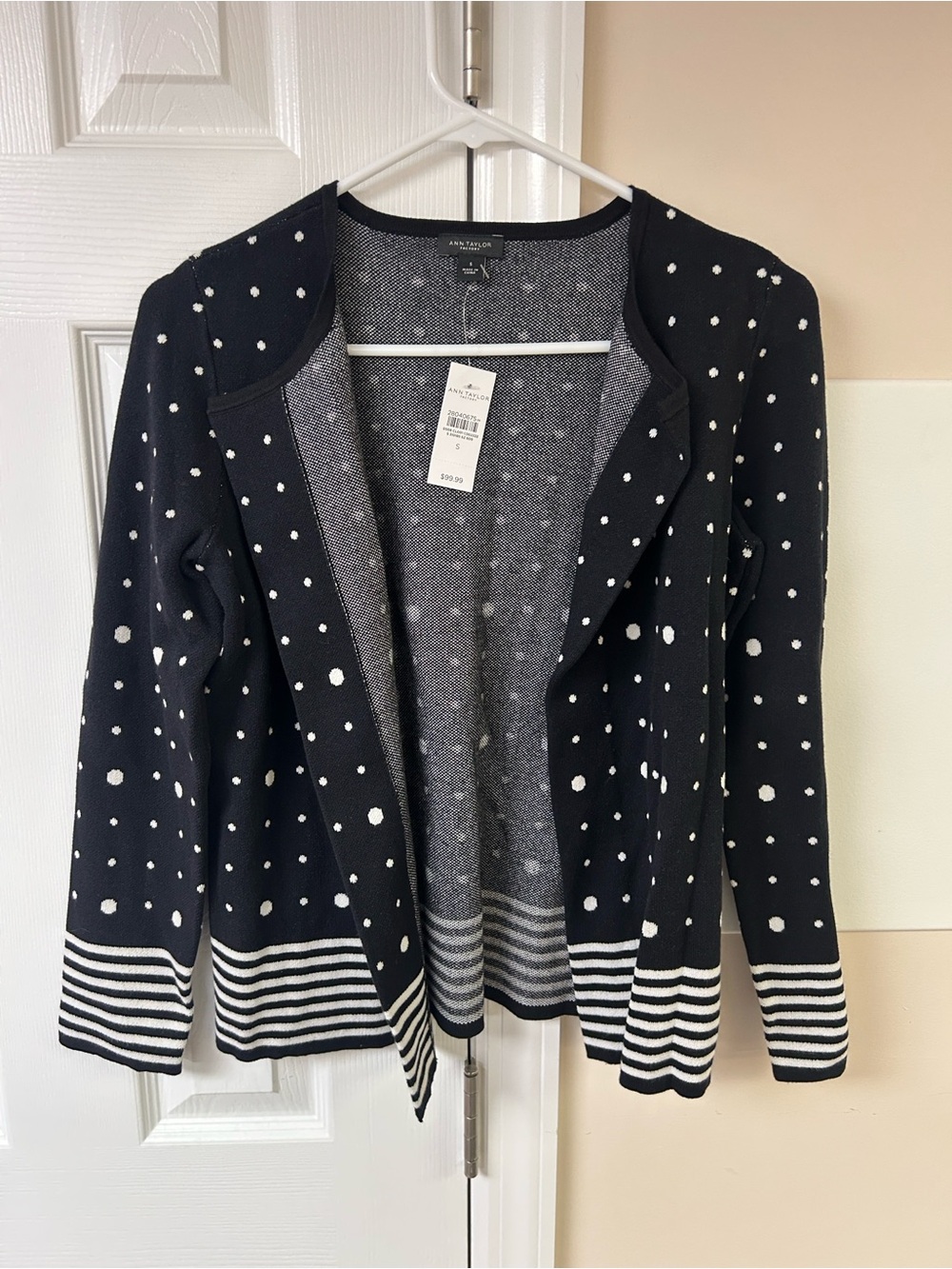 NWT Ann Taylor Open Cardigan Sweater Polka Dots Black White